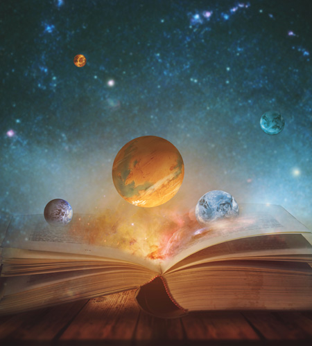 Book of the universe - opened magic book with planets and galaxies. Elements of this image furnished by NASA